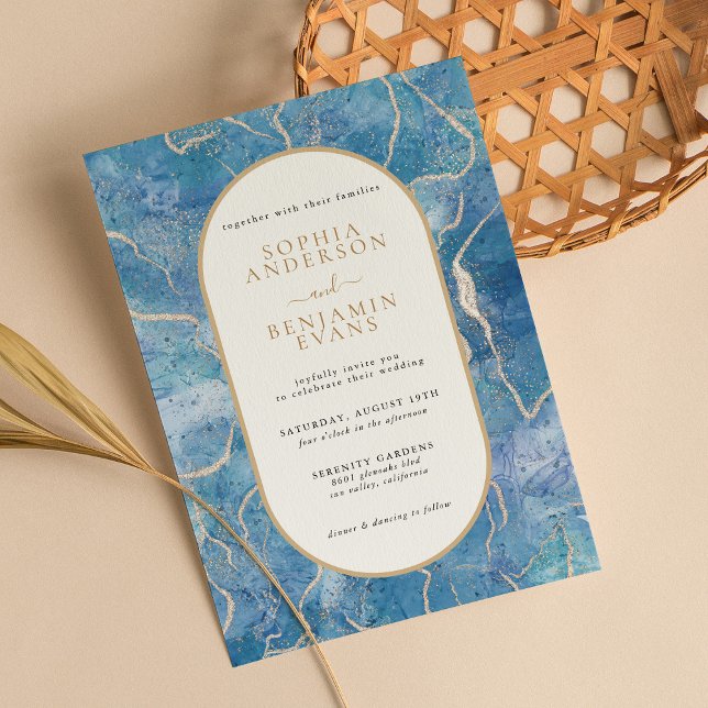 Modern Sky Blue Gold Agate Wedding Invitation (Creator Uploaded)