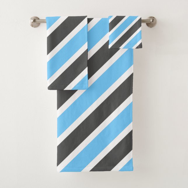 Modern Sky Blue Grey Diagonal Stripes Bath Towel Set (Insitu)