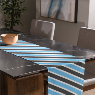 Modern Sky Blue Grey Diagonal Stripes Short Table Runner