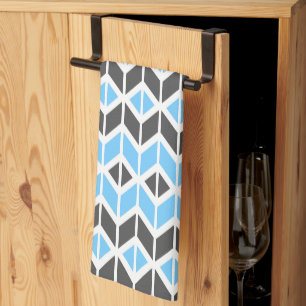 Modern Sky Blue Grey Herringbone Geometric Pattern Tea Towel