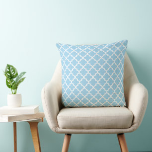 Modern Sky Blue Moroccan Quatrefoil Pattern Cushion