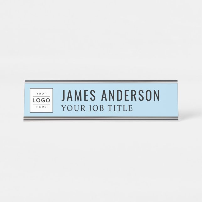 Modern Sky Blue Personalised Business Logo Desk Name Plate (Front)