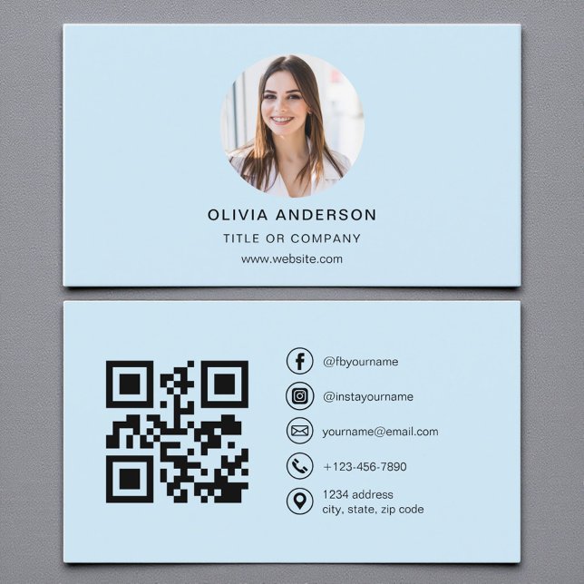 Modern Sky Blue Photo with QR Code Social Media Business Card (Creator Uploaded)