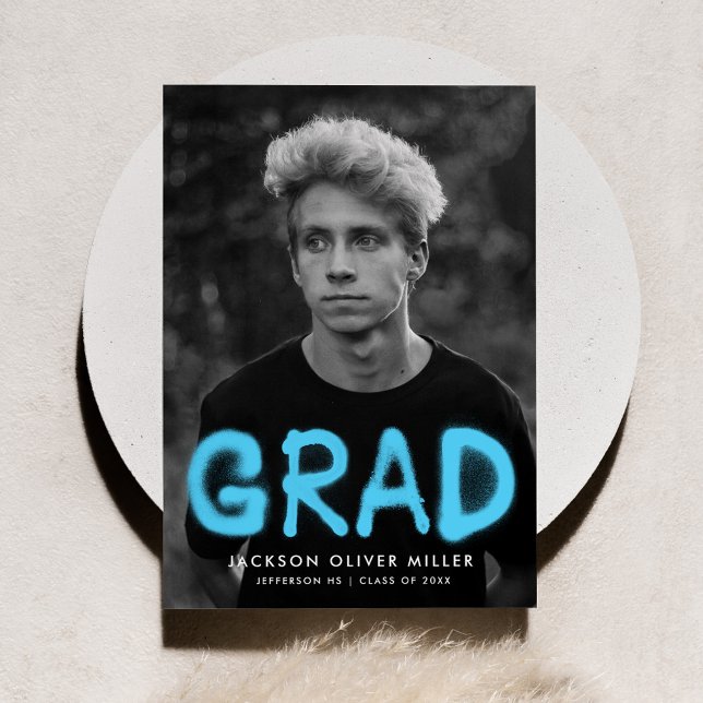 Modern Sky Blue Spray Paint Photo Graduation Announcement (Creator Uploaded)