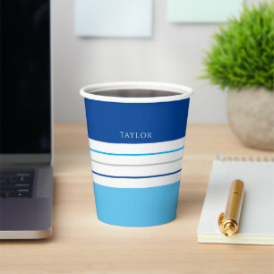 Modern Sky Blue Stripes With Name Paper Cups