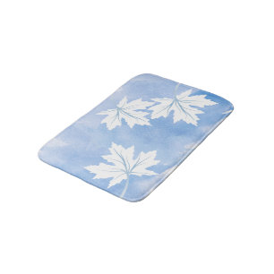 Modern sky blue watercolor and white maple leaves bath mat