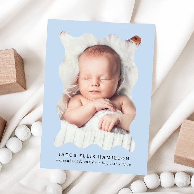 Modern Sky Blue Wavy Frame 2 Photo Birth Announcement (Creator Uploaded)