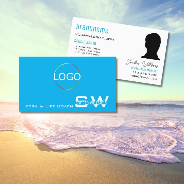 Modern Sky Blue White with Monogram Logo and Photo Business Card (Creator Uploaded)