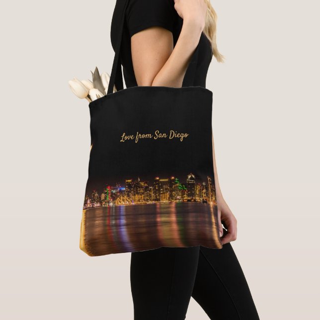 Modern Skyline City Black& Gold Souvenir San Diego Tote Bag (Close Up)