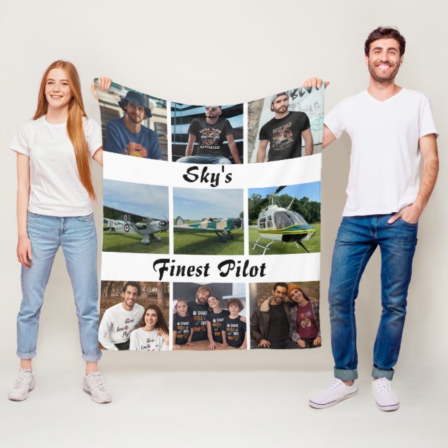 Modern 'Sky's Finest Pilot' Photo Collage Fleece Blanket (In Situ)