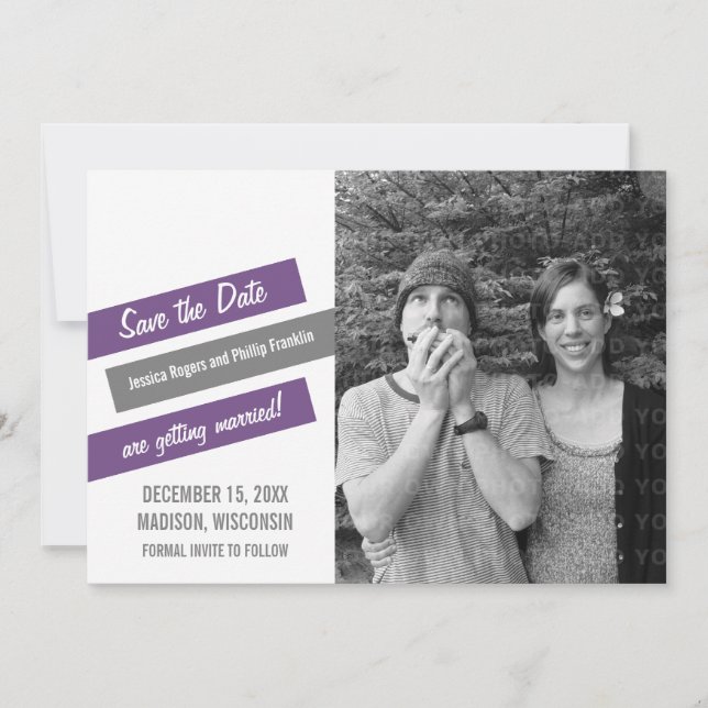 Modern Slant Save the Date Invite (Purple/Grey) (Front)