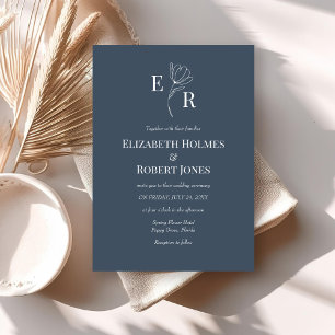 Modern Slate Blue Floral Monogram Wedding  Invitation