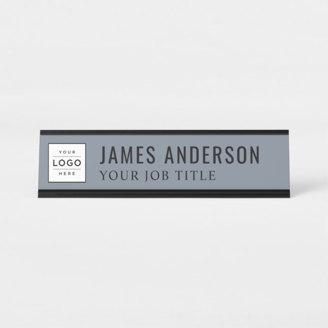Modern Slate Blue Grey Personalised Business Logo Desk Name Plate (Front)