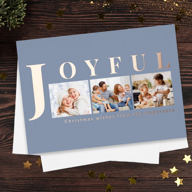 Modern Slate Blue Joyful Multi Photo Christmas (An elegant slate blue Christmas card with 'Joyful' heading, personalized text and 3 custom photos)