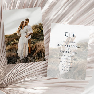 Modern Slate Blue Monogram Custom Photo Wedding Invitation