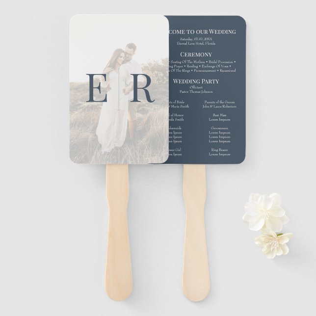 Modern Slate Blue Monogram Photo Wedding Program Hand Fan (Front and Back)