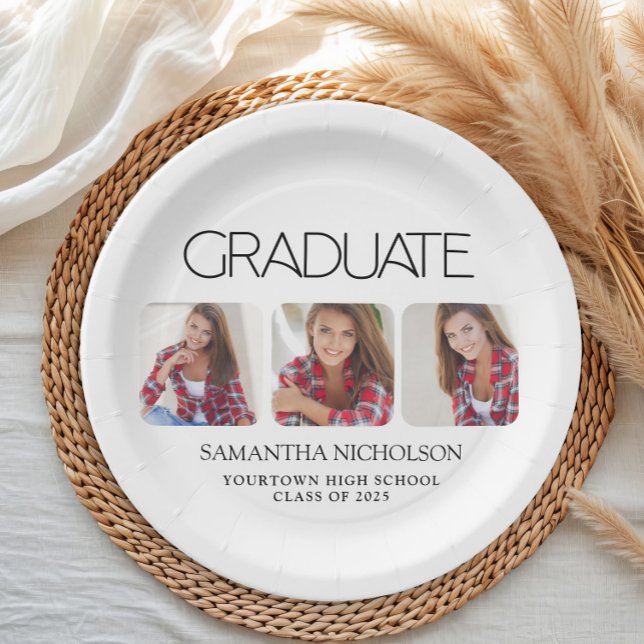 Modern Sleek 3-Photo Graduation Paper Plate (Modern white 3 photo graduation party paper plate)