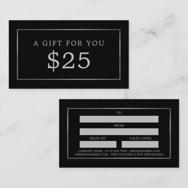 Modern & Sleek, Black & Silver Gift Certificates (Front/Back)