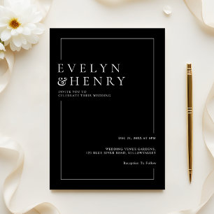 Modern Sleek Black White Border Wedding Invitation