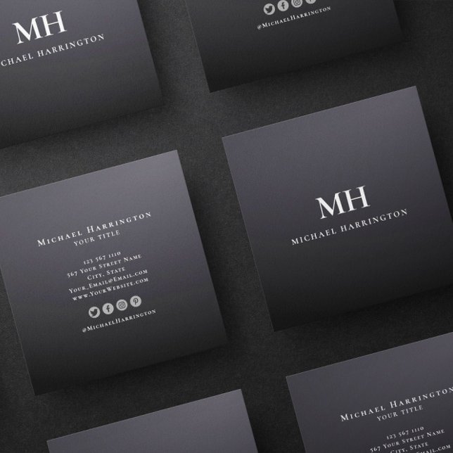 Modern Sleek Cool Monogram Black Gradient Business Square Business Card (Creator Uploaded)