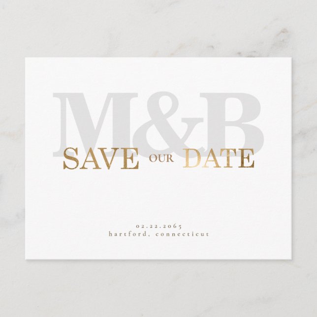 Modern & Sleek Grey Monogram & Gold Postcard (Front)