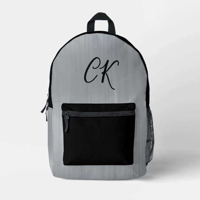 Modern Sleek Grey Silver Personalised Initials Printed Backpack (Front)
