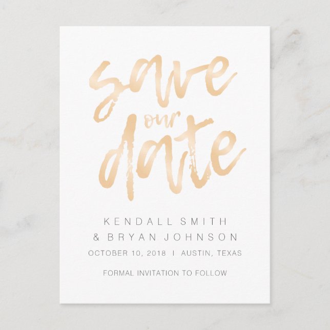 Modern Sleek Minimalist Rose Gold Save the Date Announcement Postcard (Front)