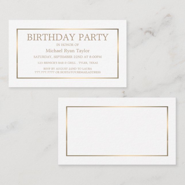 Modern & Sleek, White/Gold Birthday Party Ticket (Front/Back)
