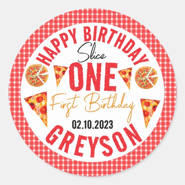 Modern Slice Slice Baby Pizza 1st Birthday Classic Round Sticker (Front)