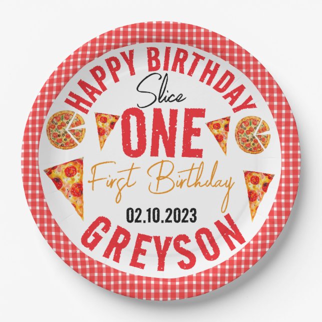 Modern Slice Slice Baby Pizza 1st Birthday Paper Plate (Front)