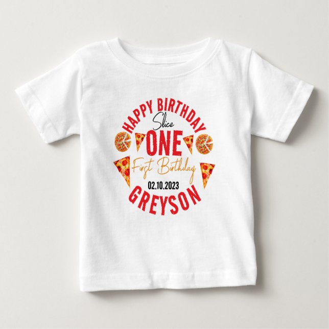 Modern Slice Slice Baby Pizza 1st Birthday T-Shirt (Front)