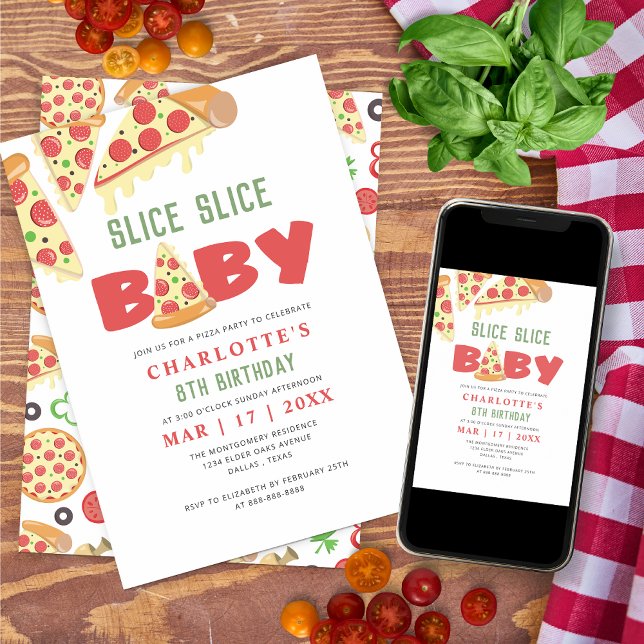 Modern Slice Slice Baby Pizza Kids Birthday Party Invitation (Creator Uploaded)