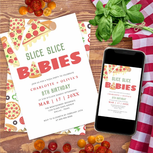 Modern Slice Slice Baby Twins Pizza Birthday Party Invitation (Creator Uploaded)