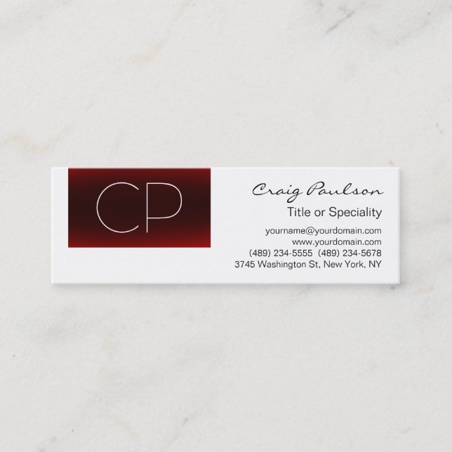 Modern Slim Black White Red Monogram Business Card (Front)