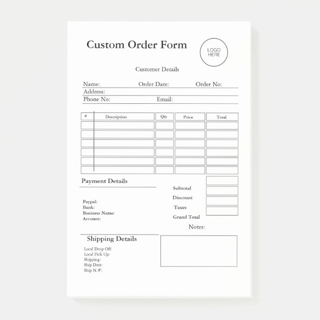 Modern Small Business custom order Sales Receipt Post-it Notes (Front)