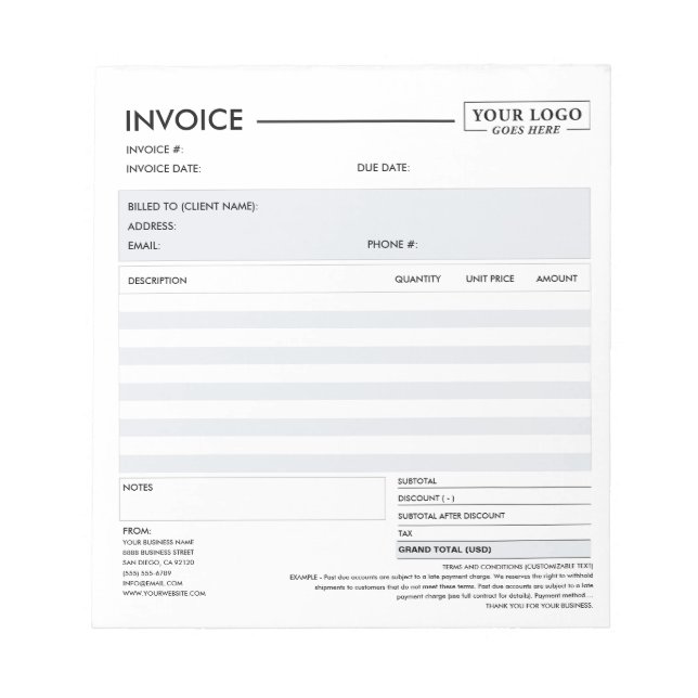 Modern Small Business Invoice Sales Receipt Grey Notepad (Front)