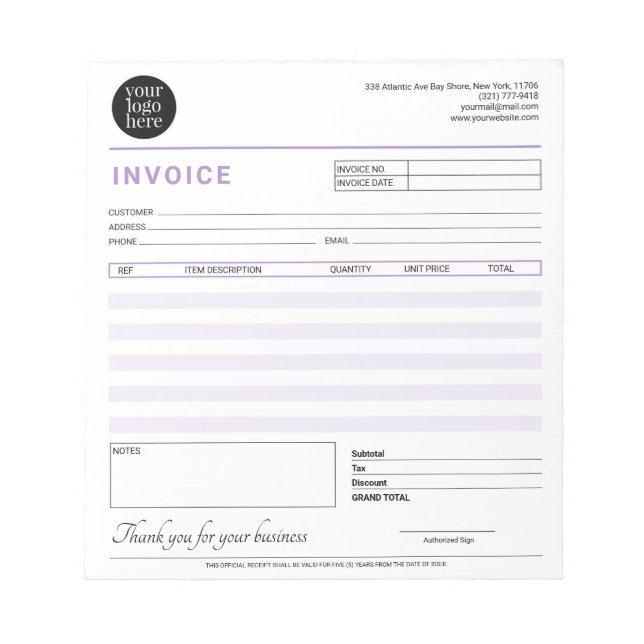 Modern Small Business Invoice Sales Receipt Purple Notepad (Front)