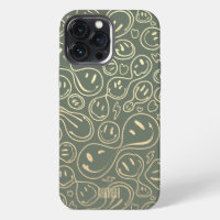 Modern Smile Smiling Face Pattern Moss Green Gold