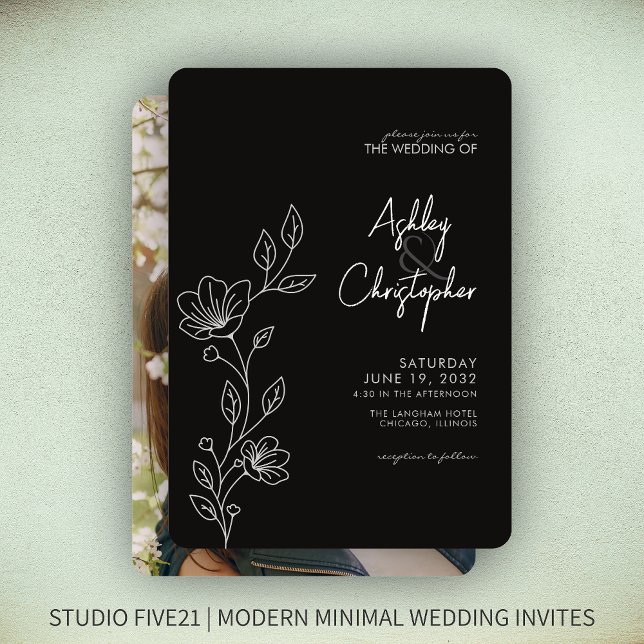 Modern Smokey Black Foliage Outline Photo Wedding Invitation (Creator Uploaded)