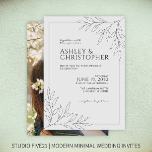 Modern Smokey Black Foliage Outline Photo Wedding Invitation