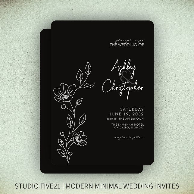 Modern Smokey Black Foliage Outline Wedding Invitation (Creator Uploaded)