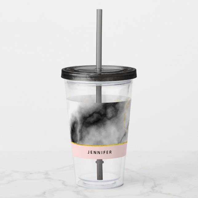 Modern Smoky Grey Marble with Gold Ribbon Acrylic Tumbler (Front)