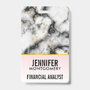 Modern Smoky Grey Marble with Gold Ribbon ID Badge