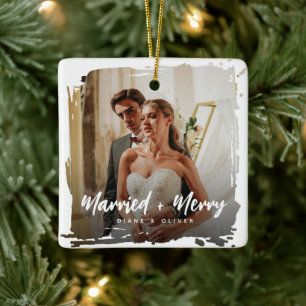 Modern Smudge Newlyweds Photo Married + Merry Ceramic Ornament