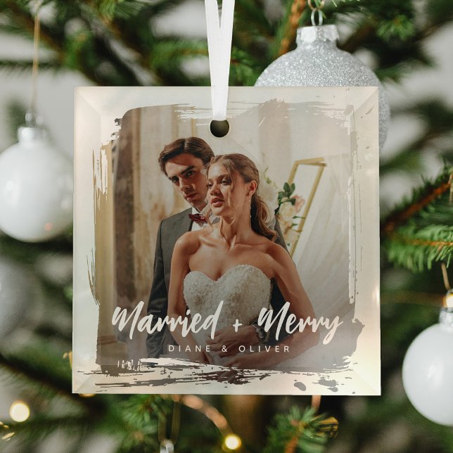Modern Smudge Newlyweds Photo Married + Merry Glass Tree Decoration (Creator Uploaded)