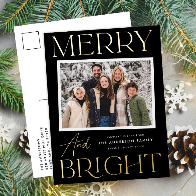 Modern Snapshot Black Merry and Bright Photo Foil Holiday Postcard (Creator Uploaded)