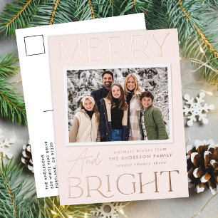 Modern Snapshot Blush Merry and Bright Photo Foil Holiday Postcard
