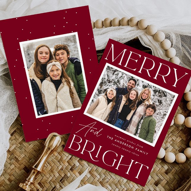 Modern Snapshot Cranberry Merry and Bright 2 Photo Holiday Card (Creator Uploaded)