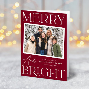 Modern Snapshot Cranberry Merry and Bright 2 Photo Holiday Card
