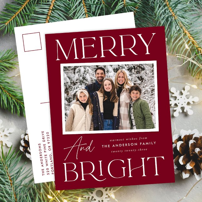 Modern Snapshot Cranberry Merry and Bright Photo Holiday Postcard (Creator Uploaded)